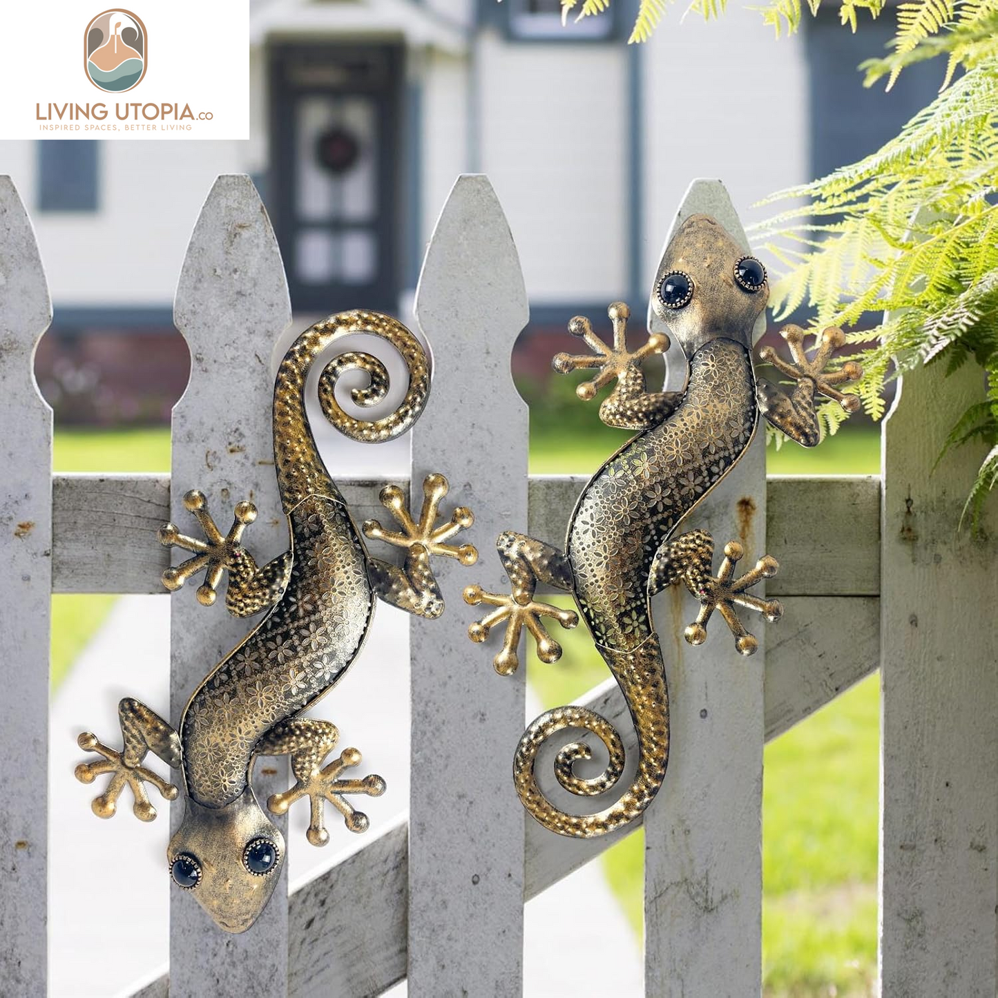 Gecko Metal Wall Art Decor 2 Pack 15 Inch - Indoor & Outdoor Lizard Wall Art Hanging Sculpture for Home and Garden