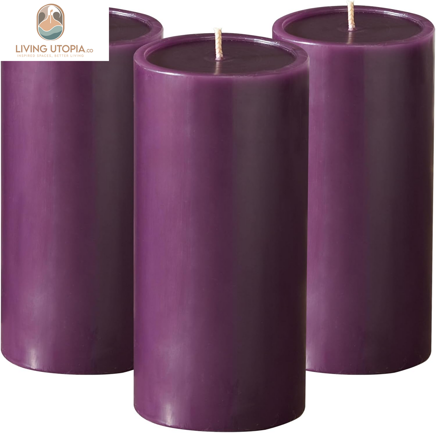 3X6 Inch Purple Pillar Candles Set of 3, Smooth Texture, Unscented Purple Candles, Dripless Candles, 3 Inch Pillar Candles Ideal as Wedding, Parties, Spas, Dinner, Home Decoration, Church