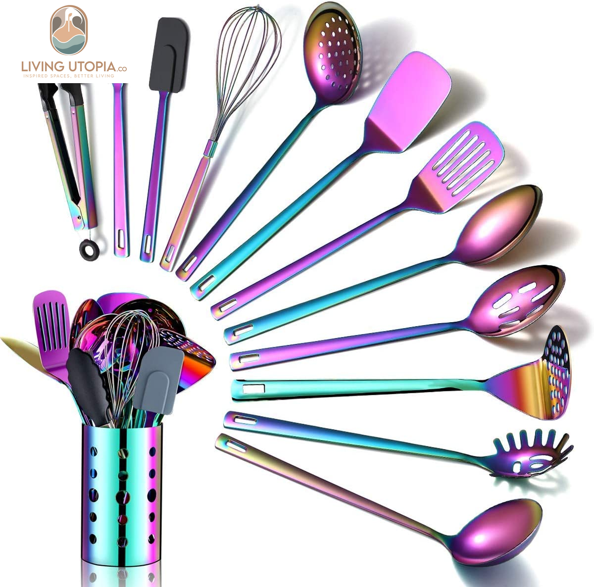Rainbow Kitchen Utensils Set,13 Pieces Stainless Steel Cooking Utensils Set with Titanium Rainbow Plating,Kitchen Tools Set with Utensil Holder for Non-Stick Cookware Dishwasher Safe (13 Packs)