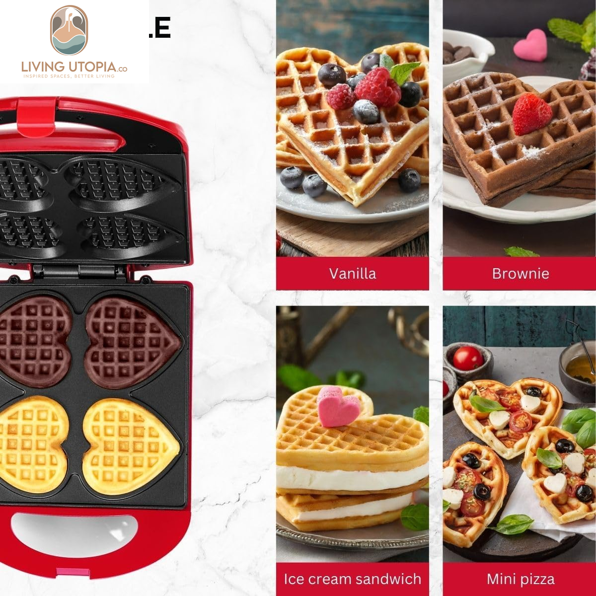 - Non-Stick Heart Waffle Maker, Red - Makes 4 Heart-Shaped Waffles in Minutes