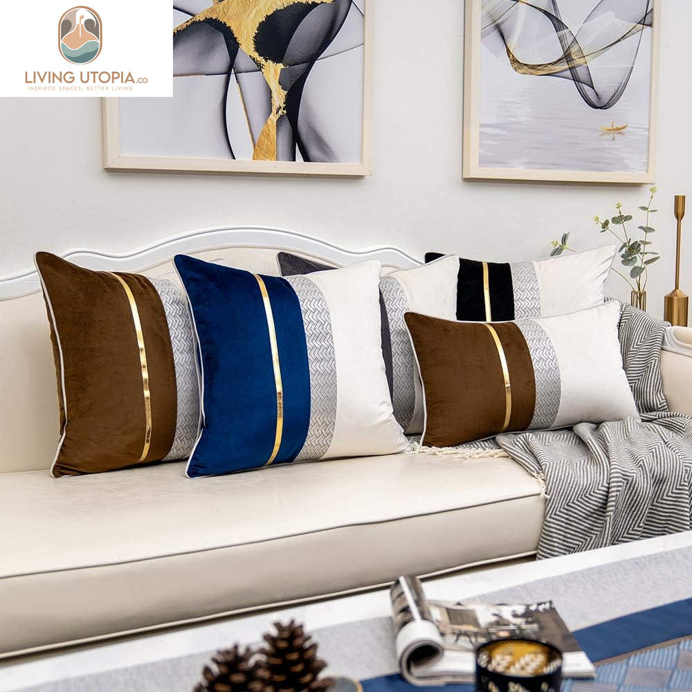 Black Patchwork Velvet Lumbar Pillow Cover with Gold Striped Leather Cushion Case Modern Luxury Pillowcase for Sofa Couch Bedroom Living Room Home Decor,12"X20"