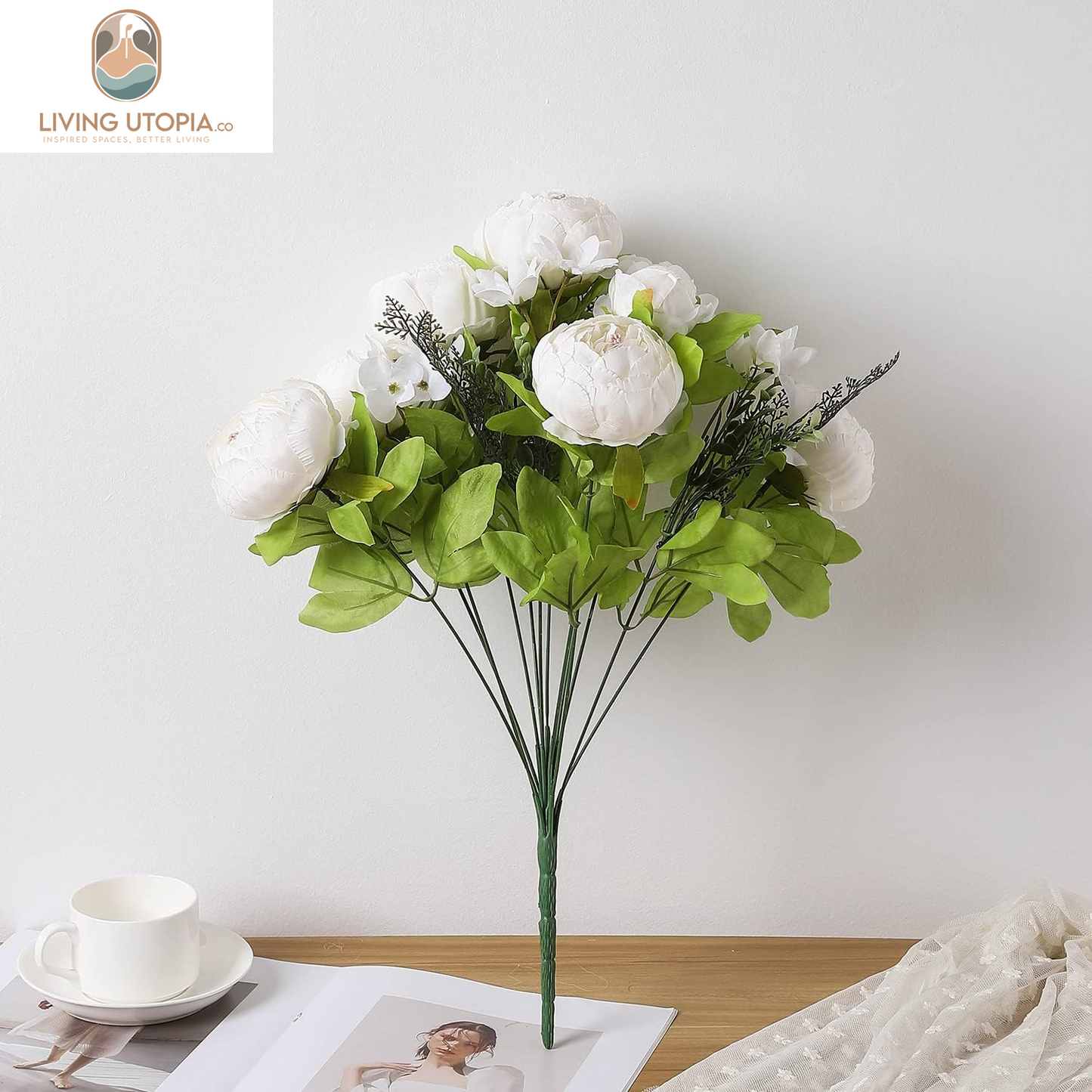 Artificial Peony Silk Flowers Fake Flowers Vintage Wedding Home Decoration,Pack of 1 (Spring Milk White)