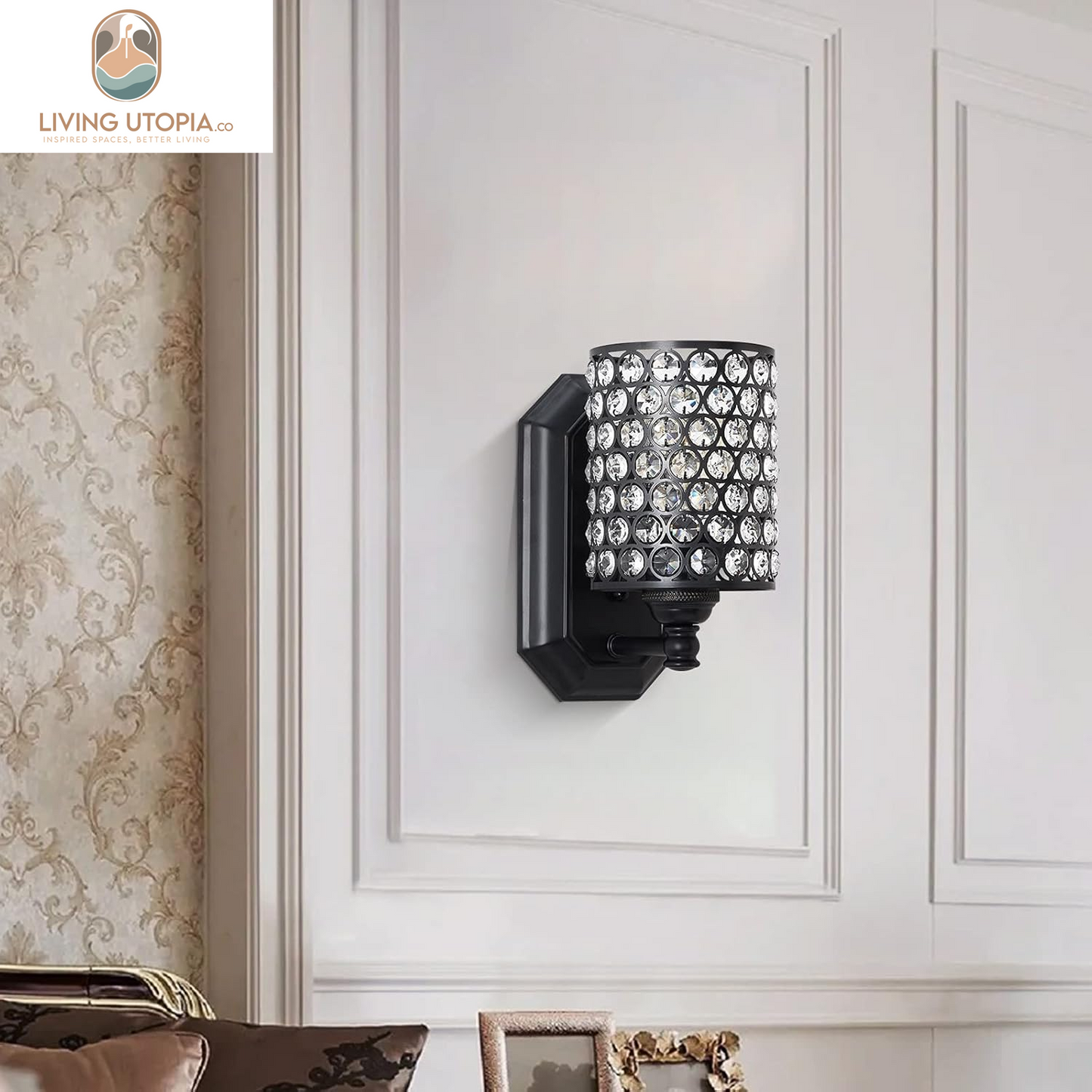 2 Pack 1 Light Crystal Wall Sconce Lighting with Black Finish,Modern Concise Style Wall Light Fixture Polyhedral Crystal Shade for Bathroom, Bedroom Living Room Bedside