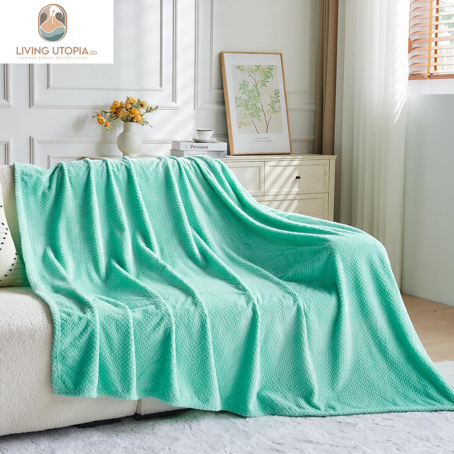 Super Soft Throw Blanket Aqua Premium Silky Flannel Fleece Leaves Pattern Lightweight Bed Blanket All Season Use (Aqua, Throw(40"X50"))