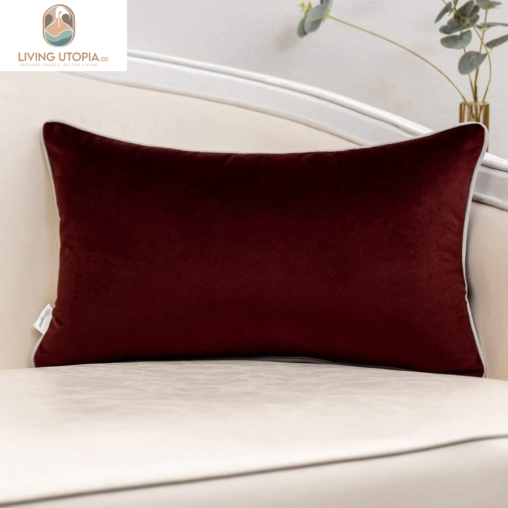 Wine Red Patchwork Velvet Lumbar Pillow Cover with Gold Striped Leather Cushion Case Modern Luxury Pillowcase for Sofa Couch Bedroom Living Room Home Decor,12"X20"