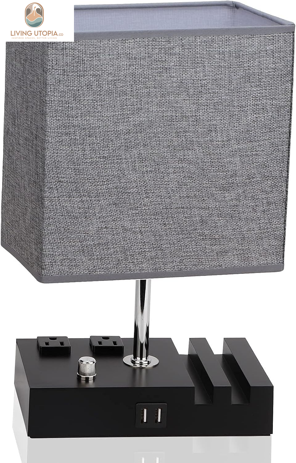 Fully Dimmable Table Lamp, Lamp for Bedroom 2 USB Ports, Bedside Lamps with 2 AC Outlet and Phone Slots, Small Table Lamp for Living Room, Grey Nightstand Lamp for Reading, LED Bulb Included