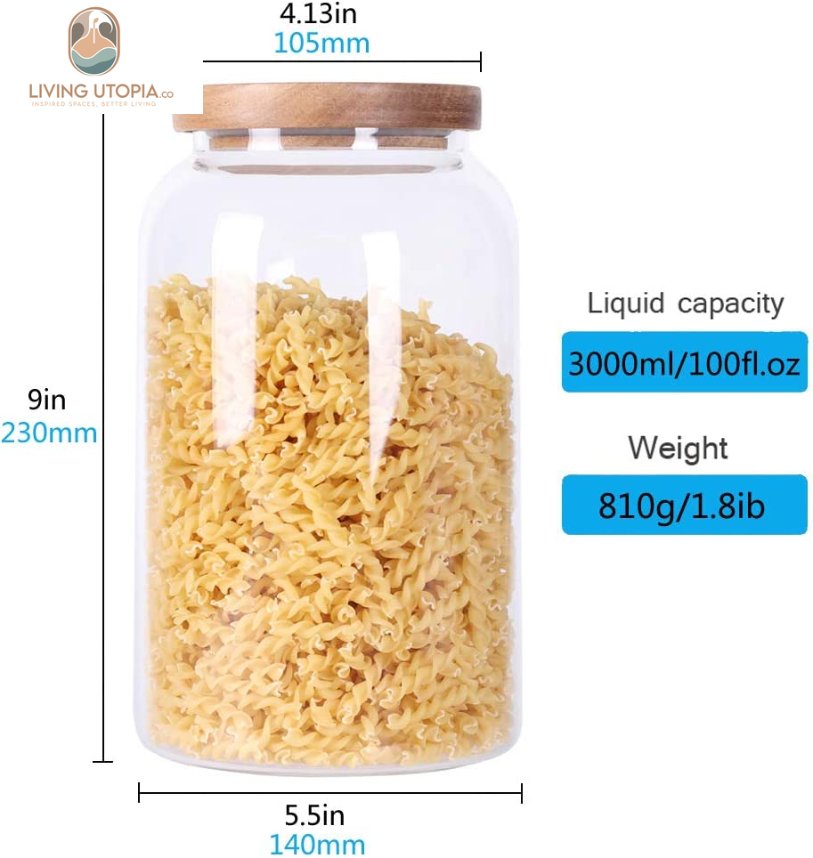 Modern Design Transparent Glass Food Storage Jars, Food Storage Containers Glass,100Fl Oz(3000Ml) Enlarged Thickened with Sealed Wooden Lid to Store Food, Herbs, Tea, Easy to Use and Clean