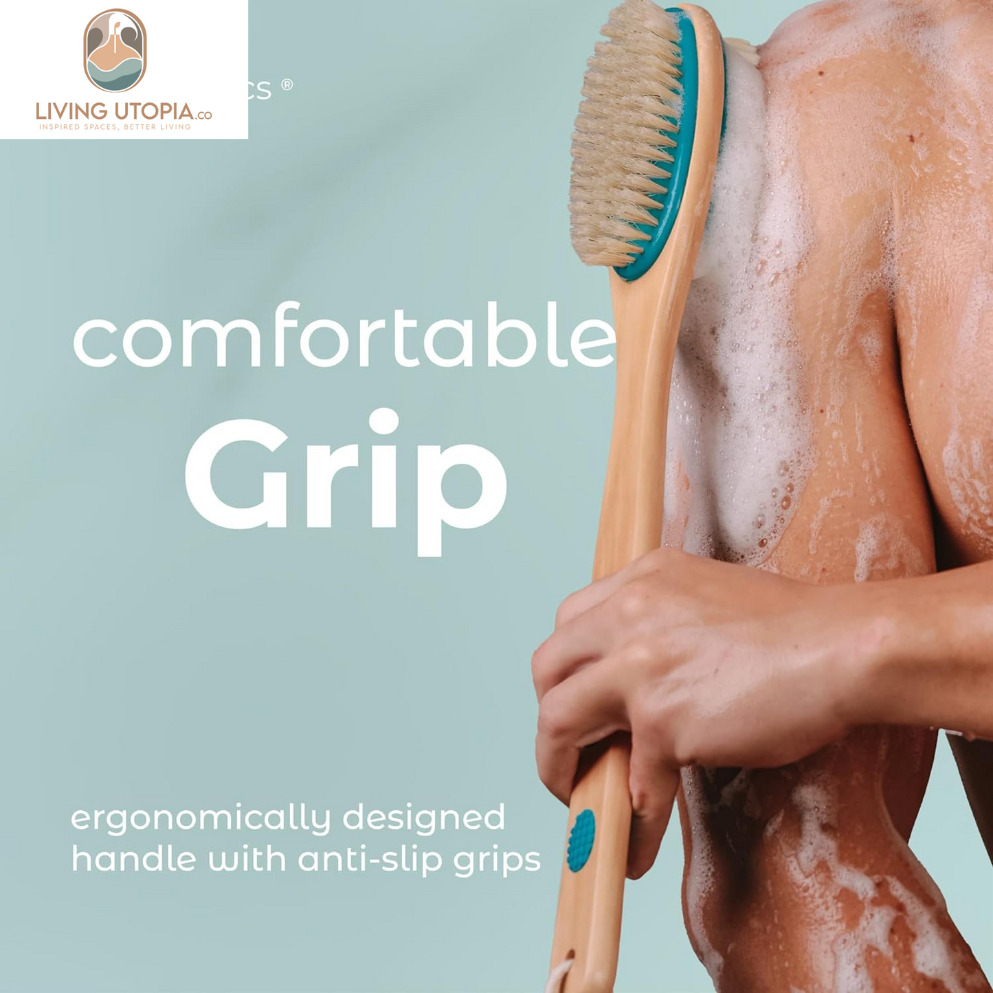 Back Scrubber for Shower – Long Handle Dual-Sided Brush for Body Wash & Scrubbing with Exfoliating & Soft Bristles (Teal, Wood)