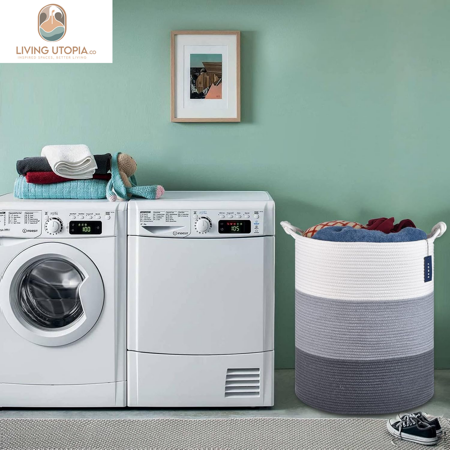 Laundry Hamper, Extra Large 15.7"X 21.7", Cotton Rope Basket, Portable, White & Light Gray & Dark Gray