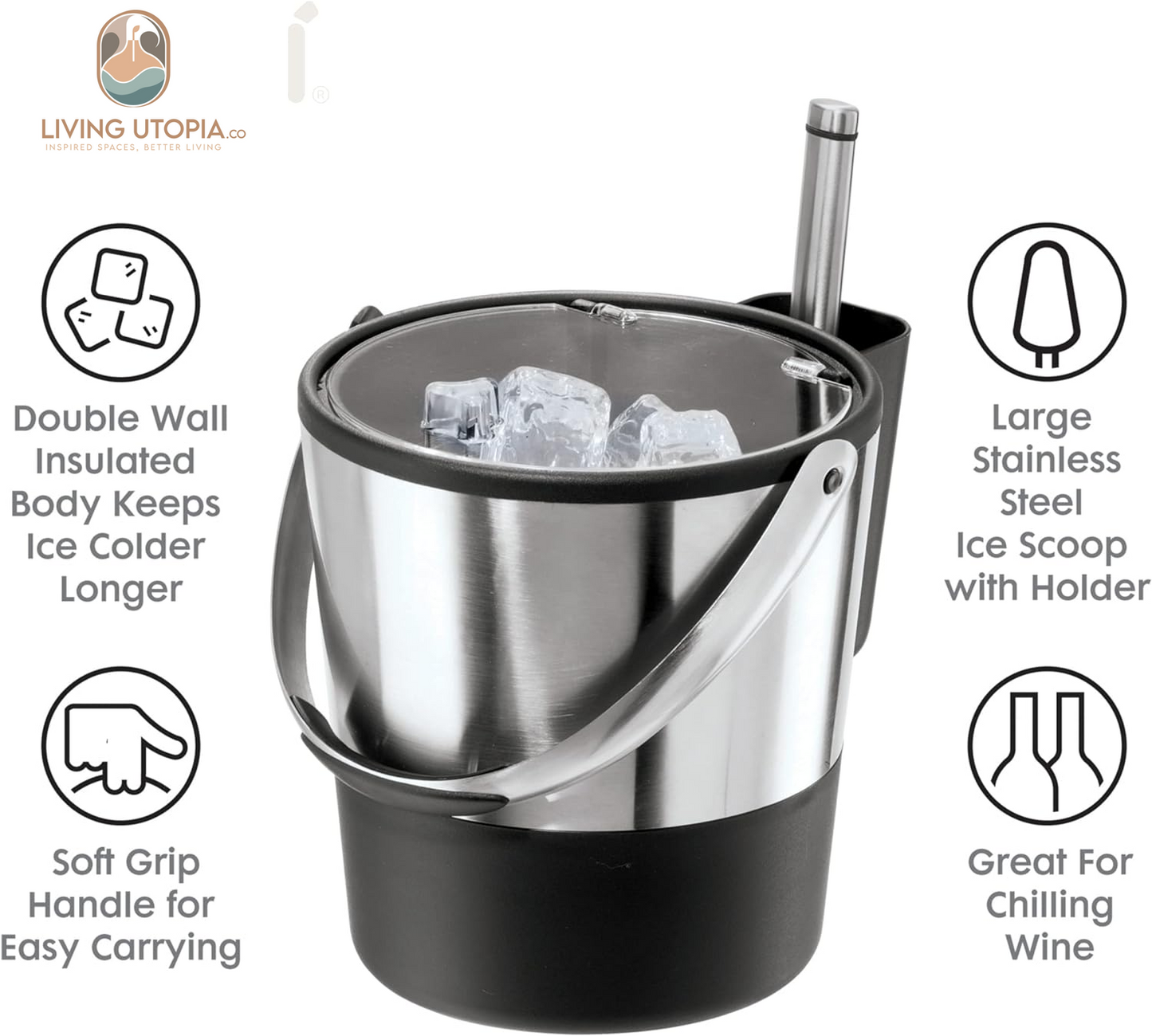 Insulated Ice Bucket, 4 Quart / 3.8 L, Stainless Steel, Black.