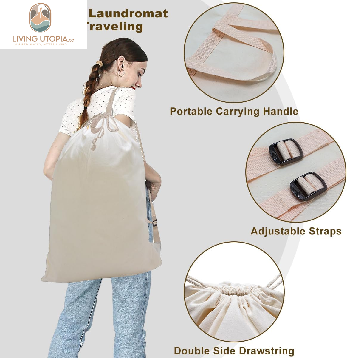 Laundry Bag Backpack with Shoulder Straps and Handle, Extra Large Heavy Duty Laundry Bag, Canvas Backpack for College, Travel, Camp (Beige)