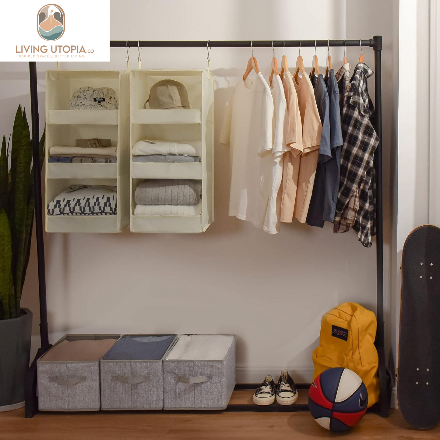 3-Shelf Hanging Organizer, Foldable Hanging Closet Storage, Closet Shelves Organizer for Camper, Beige, 29 ½" H X 12" W X 12" D, 2-Pack