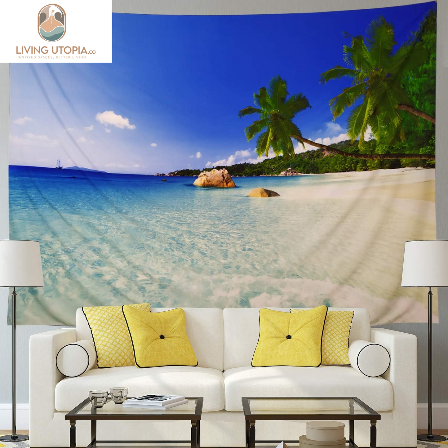Tapestry, X-Large Beach Wall Hanging, Bohemian Palm Tree Tapestry, Ocean Beach Art, 70.8X92.5In, Home Decor, Lightweight Polyester