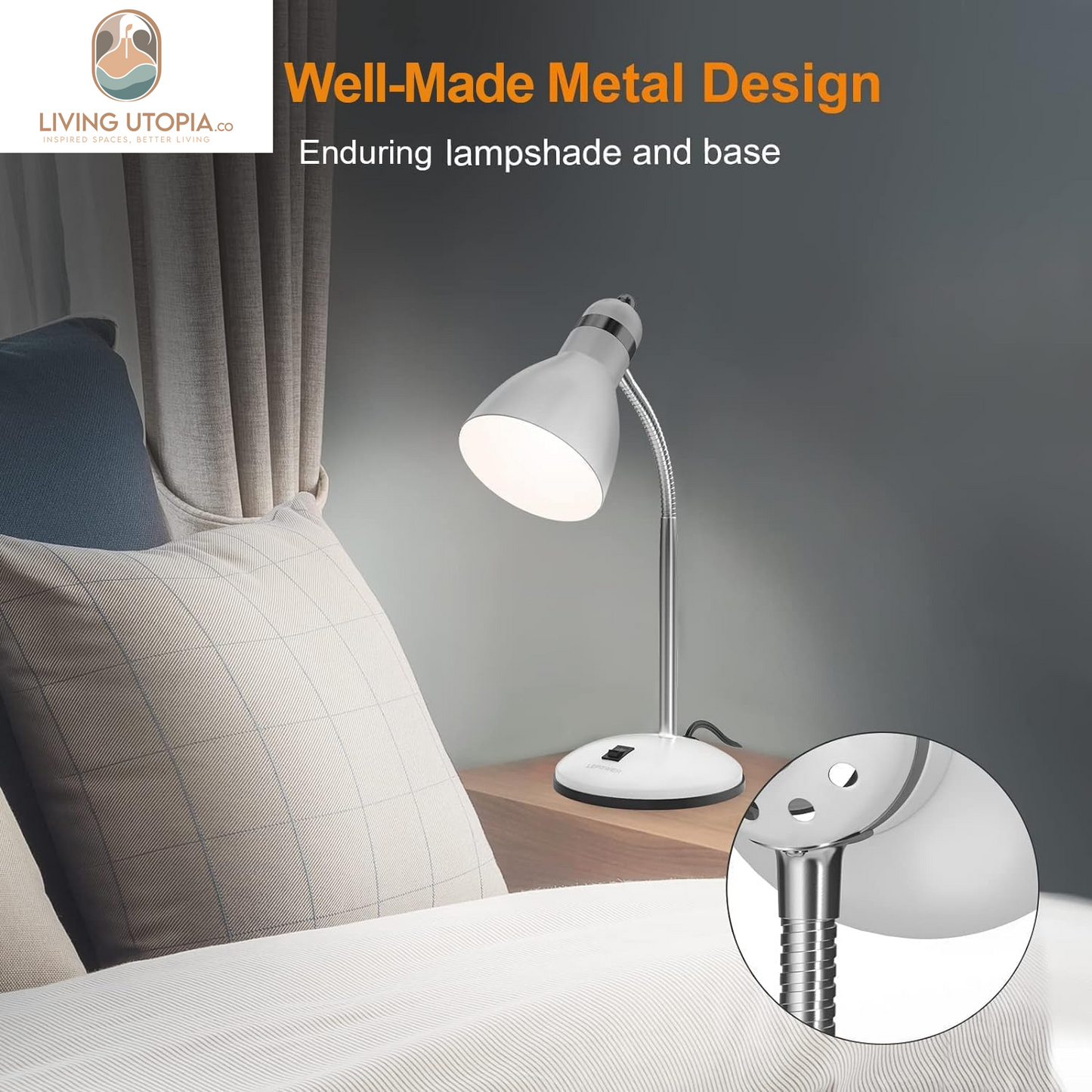 Metal Desk Lamp, Adjustable Goose Neck Table Lamp, Eye-Caring Study Desk Lamps for Bedroom, Study Room and Office (White)