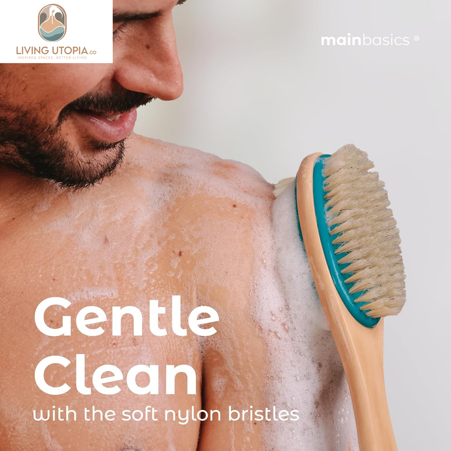 Back Scrubber for Shower – Long Handle Dual-Sided Brush for Body Wash & Scrubbing with Exfoliating & Soft Bristles (Teal, Wood)