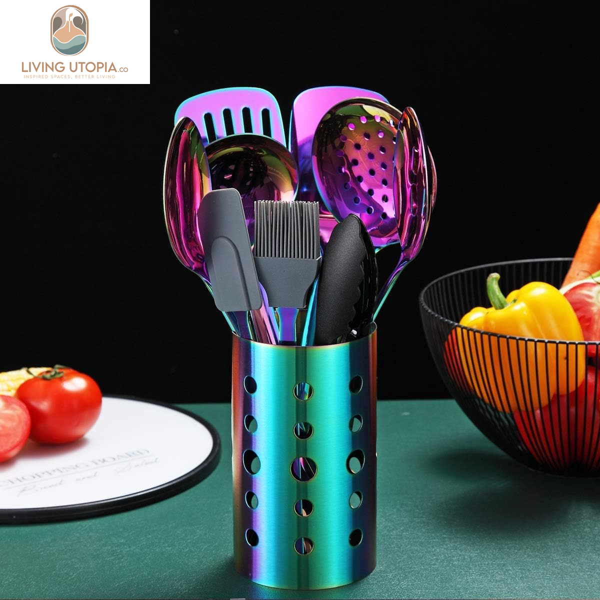 Rainbow Kitchen Utensils Set,13 Pieces Stainless Steel Cooking Utensils Set with Titanium Rainbow Plating,Kitchen Tools Set with Utensil Holder for Non-Stick Cookware Dishwasher Safe (13 Packs)