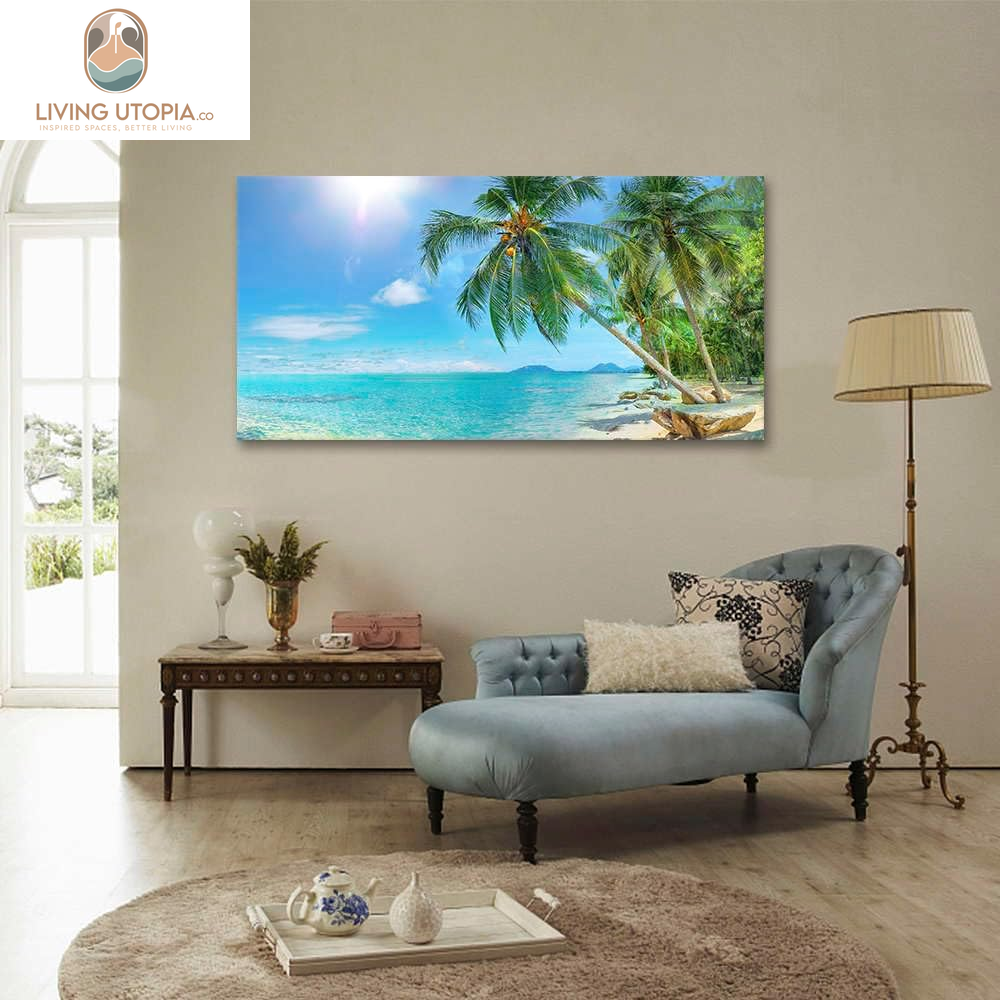 Canvas Wall Art for Living Room Tropical Palm Tree Summer Artwork Blue Sky Ocean Themed Coconut Trees Seascape Painting Nature Scenery Picture for Bedroom Bathroom Home Office Decor 40L X 20W