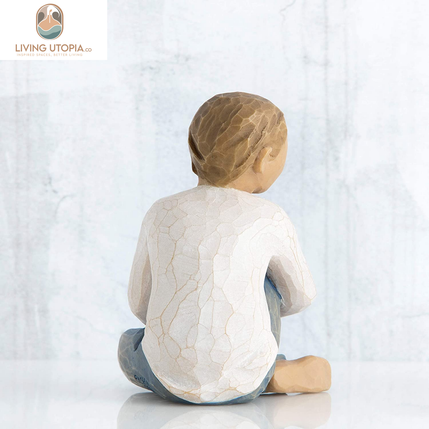 Caring Child, Nurtured by Your Loving Care, Seated Boy Figure in Blue Jeans, Works Well in Groupings That Reflect Family Relationships, Sculpted Hand-Painted Figure