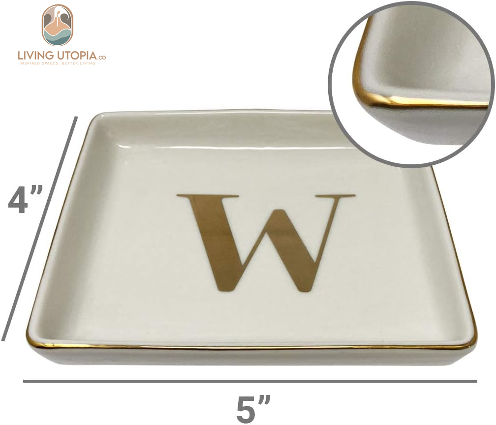 Jewelry Tray Ring Dish with Initial Gift | Personalized Jewelry Dish and Trinket Dish with Gold Initials Key Bowl Ceramic Holder (Letter W)