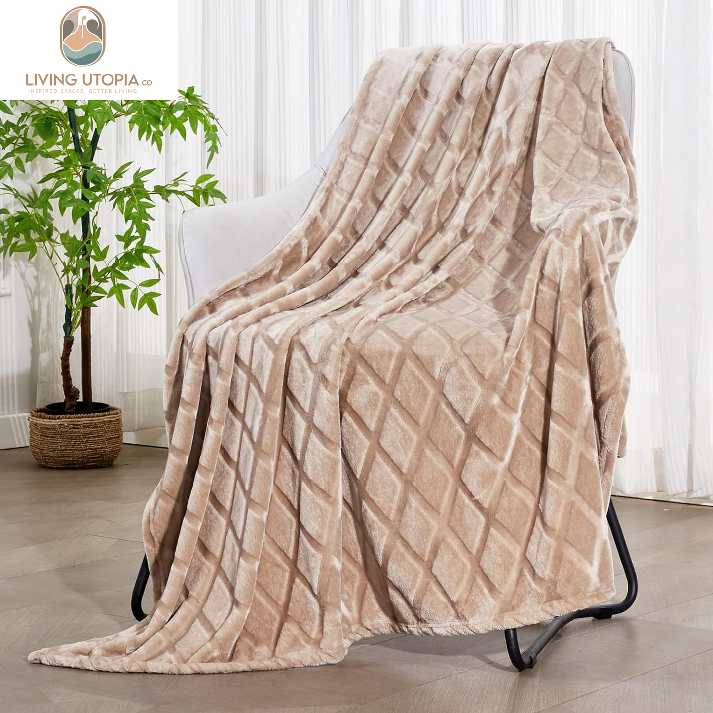 Soft Throw Blanket for Couch, 50X70 Inches Flannel Fleece Blanket, Decorative Geometry Pattern, Lightweight Plush for All Season, Camel