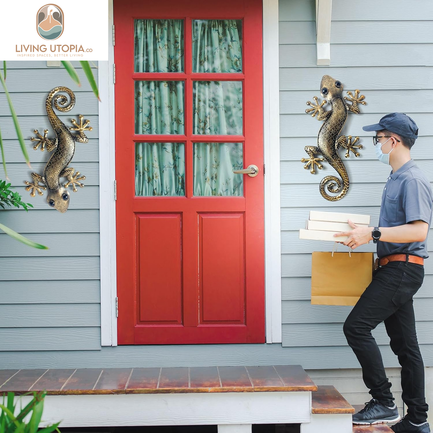 Gecko Metal Wall Art Decor 2 Pack 15 Inch - Indoor & Outdoor Lizard Wall Art Hanging Sculpture for Home and Garden