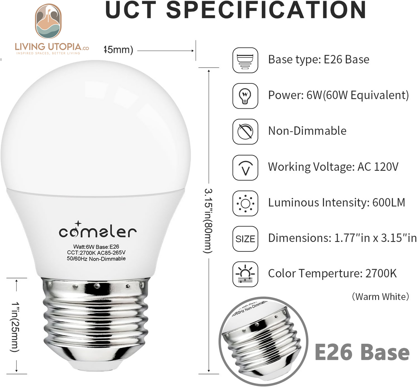 Small Light Bulb 6 Watts Warm White Light 2700K, 60 Watts Globe Light Bulb Equivalent, E26 Standard Screw Base A15/G45 Shape LED Appliance Bulb Refrigerator 6-Pack