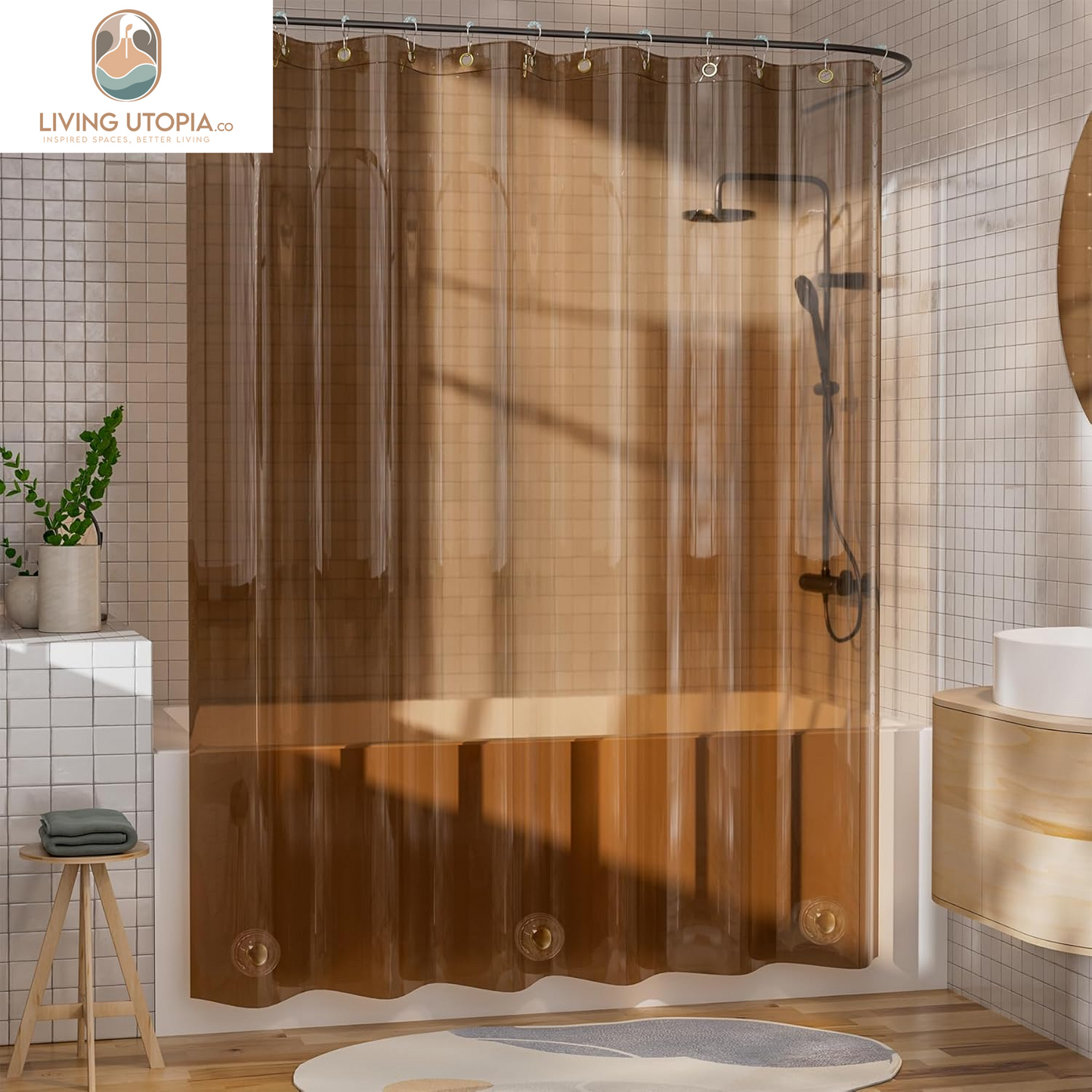 Shower Curtain Liner, 100% EVA Soft Clear Amber Heavy Duty Shower Curtain and Liner 2-In-1, 72X72 Luxury Plastic Weighted Bathroom Shower Liner, 12 Rustproof Grommets & 3 Heavyweight Stones