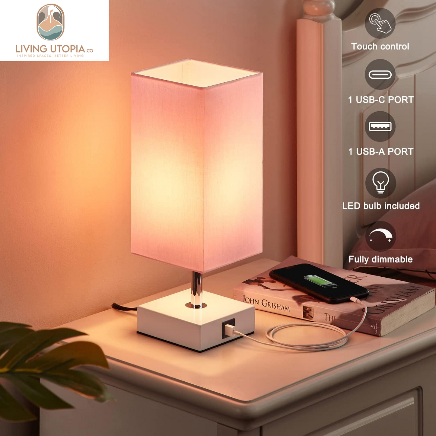 Touch Control Table Lamp with 2 USB Charging Ports, 3 Way Touch Lamps beside Desk, Nightstand Lamp for Bedrooms Living Room, Pink Shade with White Base, LED Bulb Included(Pink)