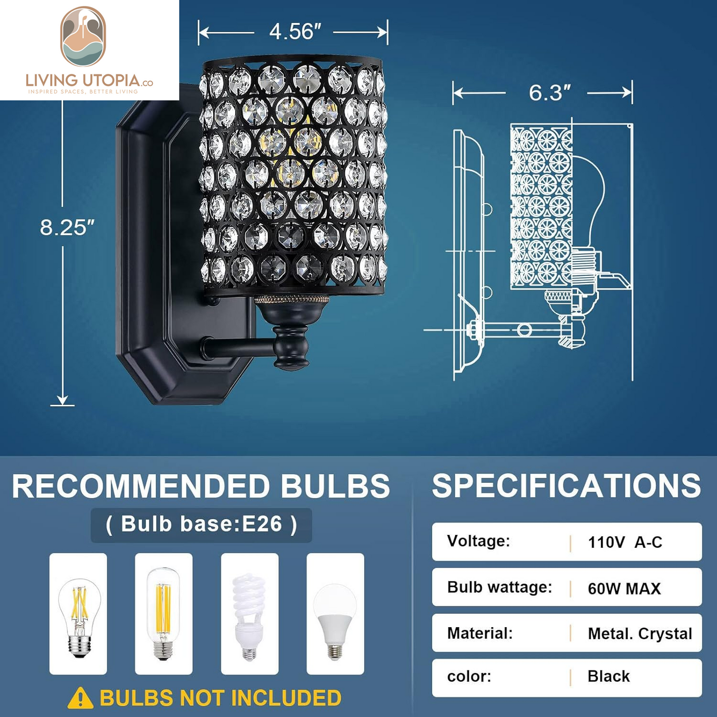 2 Pack 1 Light Crystal Wall Sconce Lighting with Black Finish,Modern Concise Style Wall Light Fixture Polyhedral Crystal Shade for Bathroom, Bedroom Living Room Bedside