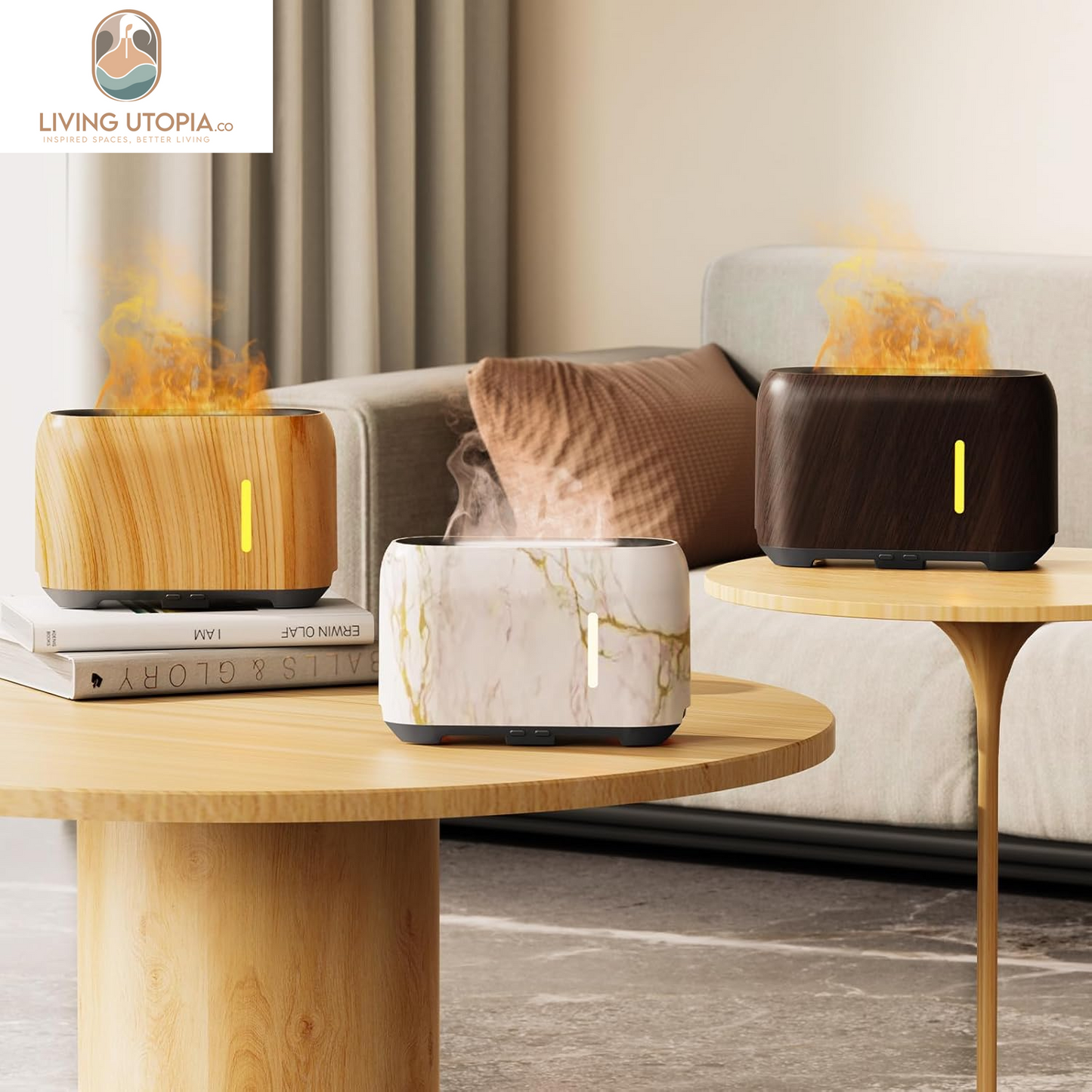 Upgraded Flame Essential Oil Diffuser, Aromatherapy Air Diffuser with Remote Control, RGB Fire Cool Mist Scent Diffuser/Humidifier for Home Office with Timer, 2 Mist Modes, Auto Off-White Birch