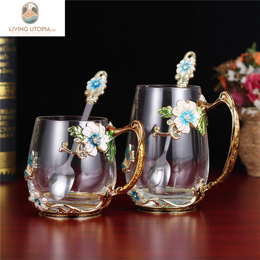 Tea Cup Glass Coffee Mugs(12 Oz), Handmade Enamel Cups with Spoon Set, Mother'S Day Gifts for Mom/Grandma, Birthday Wedding Anniversary Christmas Gifts for Women. (Light Blue, Short)