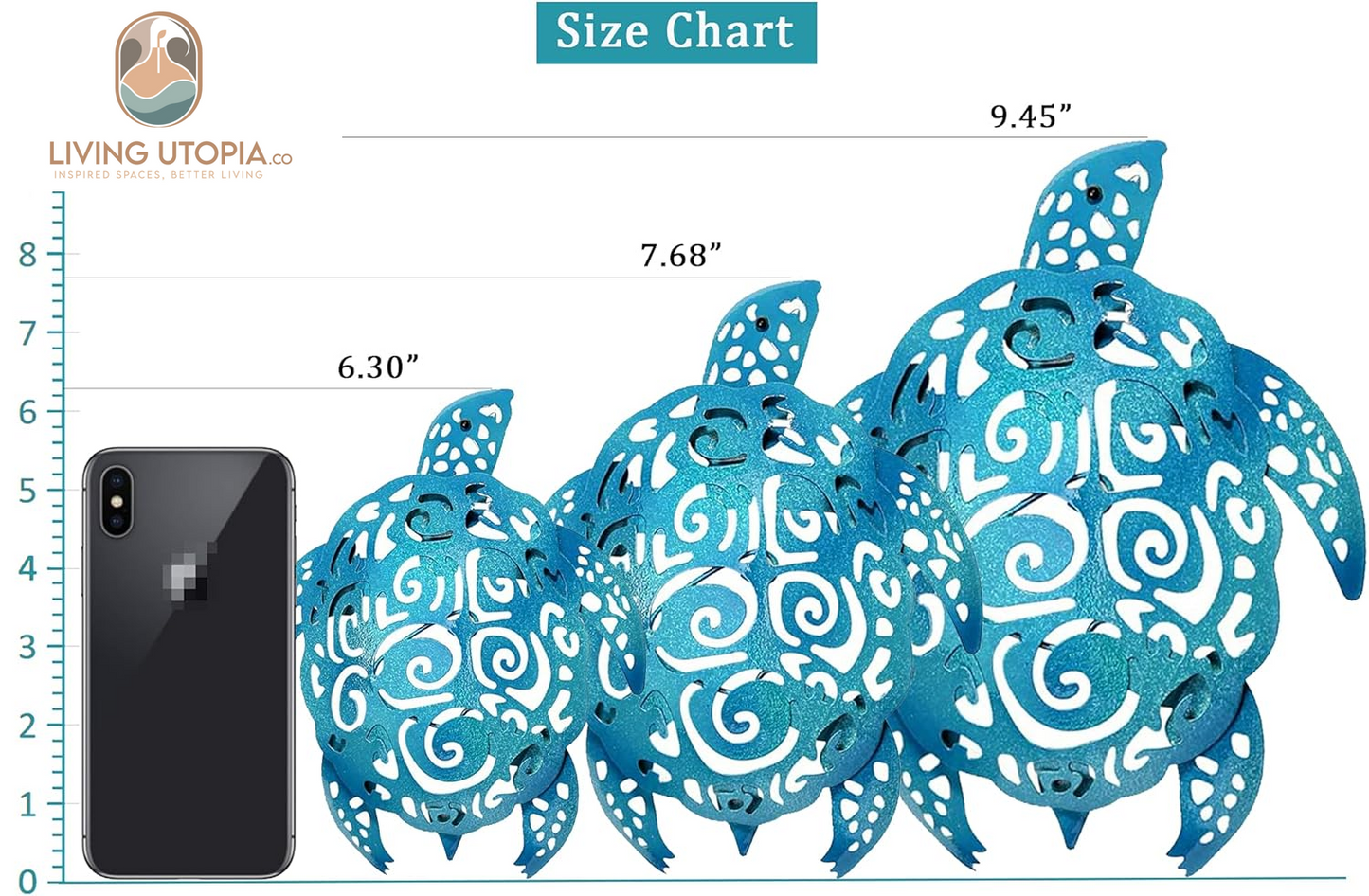 Set of 3 Metal Sea Turtle Beach Theme Decor Wall Art Decorations for Indoor Outdoor Bathroom Garden