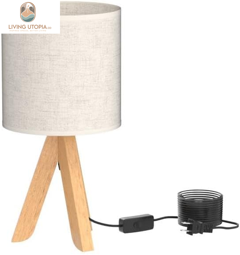 Small Bedside Table Lamp - Wooden Tripod Nightstand Lamp for Bedroom, Living Room, Office, Home with Fabric Linen Shade - 13.4 Inches (Without Bulb)