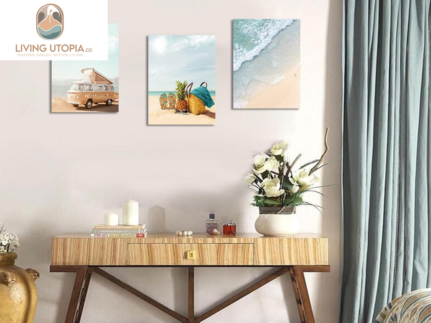 Beach Wall Art Canvas Coastal Sea Pictures Bathroom Decor, Modern Turquoise Ocean Landscape Painting Framed Artwork for Bedroom Living Room Dinning Room Home Office Wall Decor, 12"X16"X3 Panels