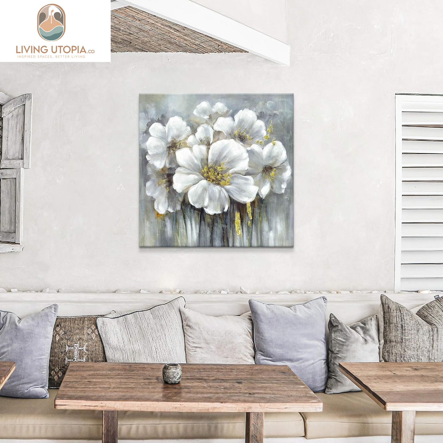 Large Flower Canvas Wall Art - Abstract Floral Painting White Blooming Floral Pictures Artwork Prints for Living Room Bedroom Home Office