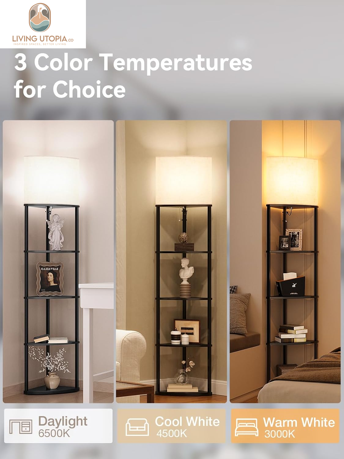 Corner Lamp 5-Tier Shelf Floor Lamp Display with 3 Color Temperatures LED Bulb and Linen Lamp Shade, Shelves for Living Room, Bedroom and Office - Black