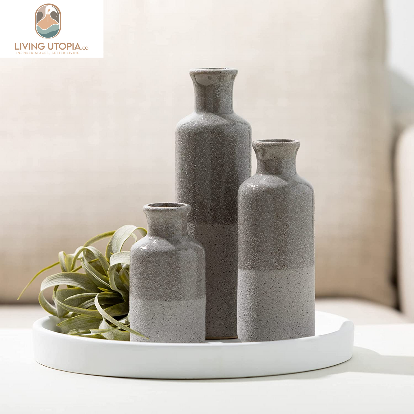 Two-Toned Grey Ceramic Vase Set, Farmhouse Decor, Home Decorative Vases for Your Kitchen, Bedroom, Office, Living Room, Bathroom, & Shelf Centerpiece Table Decorations (CM2859)