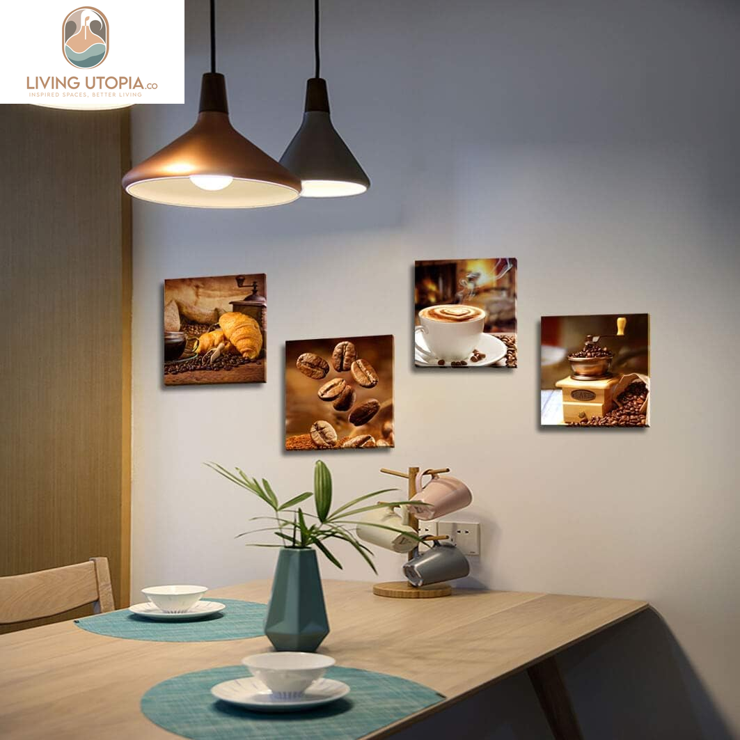 Kitchen Canvas Art Coffee Bean Coffee Cup Canvas Prints Coffee Wall Decor-4 Panels Framed Ready to Hang Coffee Image-Table Dining Room Canvas Wall Art Contemporary Pictures for Dining Home Decoration