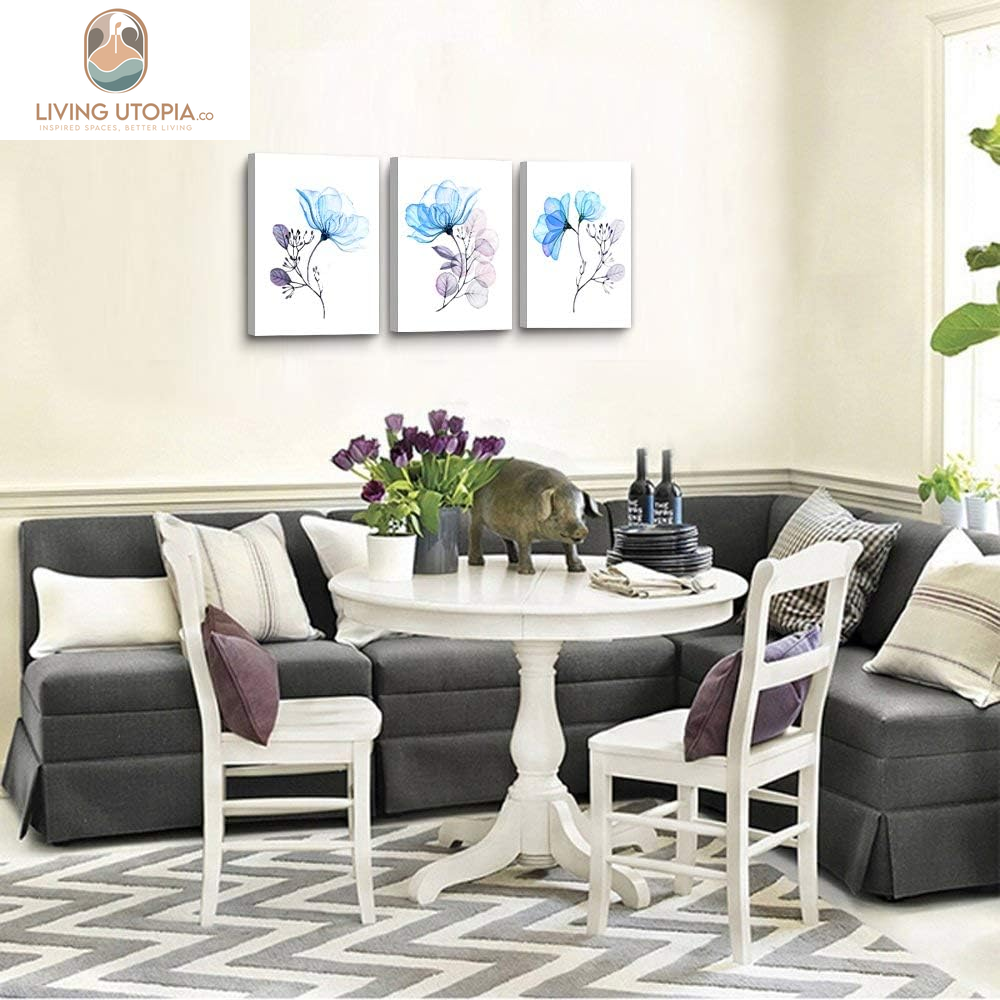 3 Piece Modern Blue Flowers Canvas Wall Art for Bedroom Living Room Decor,Bathroom Wall Decor,3 Panels Framed Wall Watercolor Painting Kitchen Home Decoration Canvas Print Artwork Wall Mural
