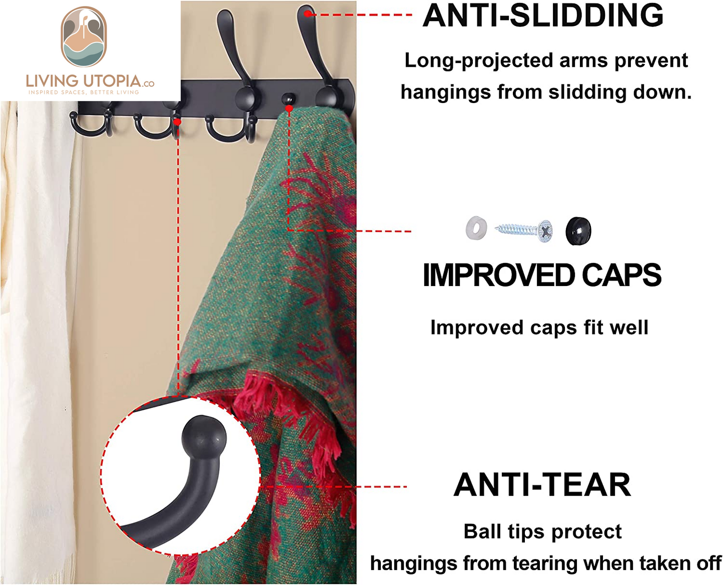 Coat Rack Wall Mounted - 5 Tri Hooks, Heavy Duty, Stainless Steel, Metal Coat Hook Rail for Coat Hat Towel Purse Robes Mudroom Bathroom Entryway (Black, 2 Packs)