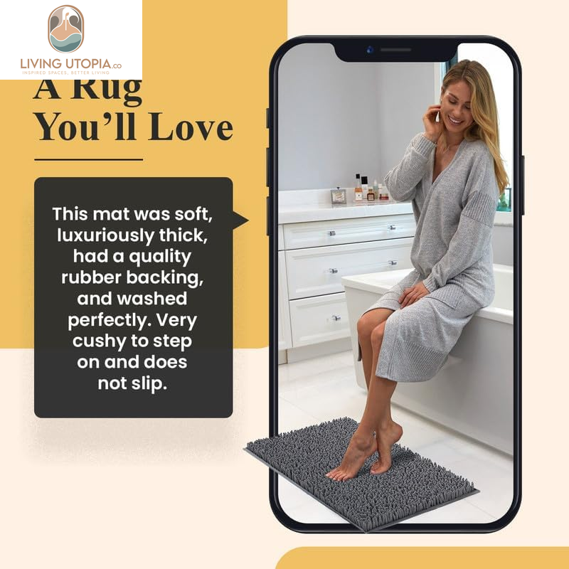 Plush Shaggy Chenille Bath Mat | Extra Soft, Super Absorbent, Non-Slip Bathroom Rug | Fluffy Microfiber, Area Rug Sets for Bathroom Floor, Kitchen, Living Room | 47"X27" | Charcoal Gray