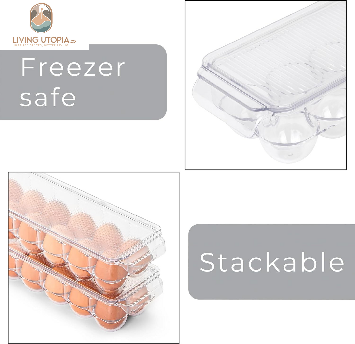 Stackable Refrigerator Egg Holder Bin with Handle and Lid - BPA Free Plastic - Fridge Drawer, Freezer Tray, Kitchen Pantry Storage Container Organizer - 14.65 X 3.25 Inch - Clear