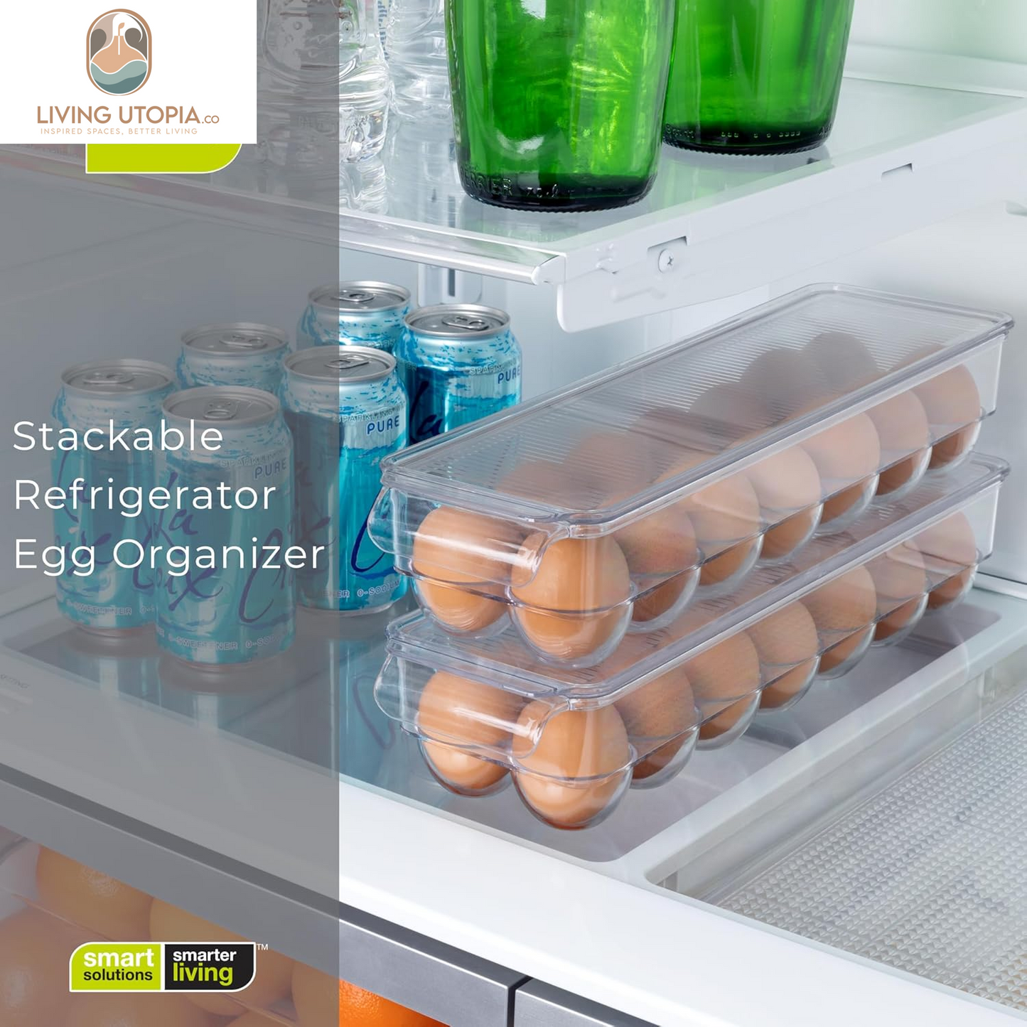 Stackable Refrigerator Egg Holder Bin with Handle and Lid - BPA Free Plastic - Fridge Drawer, Freezer Tray, Kitchen Pantry Storage Container Organizer - 14.65 X 3.25 Inch - Clear