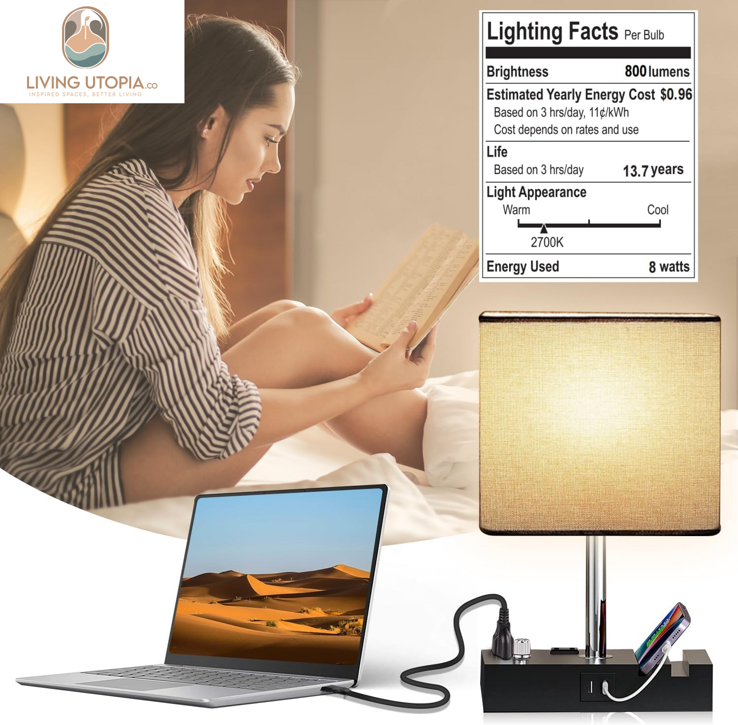 Fully Dimmable Table Lamp, Lamp for Bedroom 2 USB Ports, Bedside Lamps with 2 AC Outlet and Phone Slots, Small Table Lamp for Living Room, Grey Nightstand Lamp for Reading, LED Bulb Included