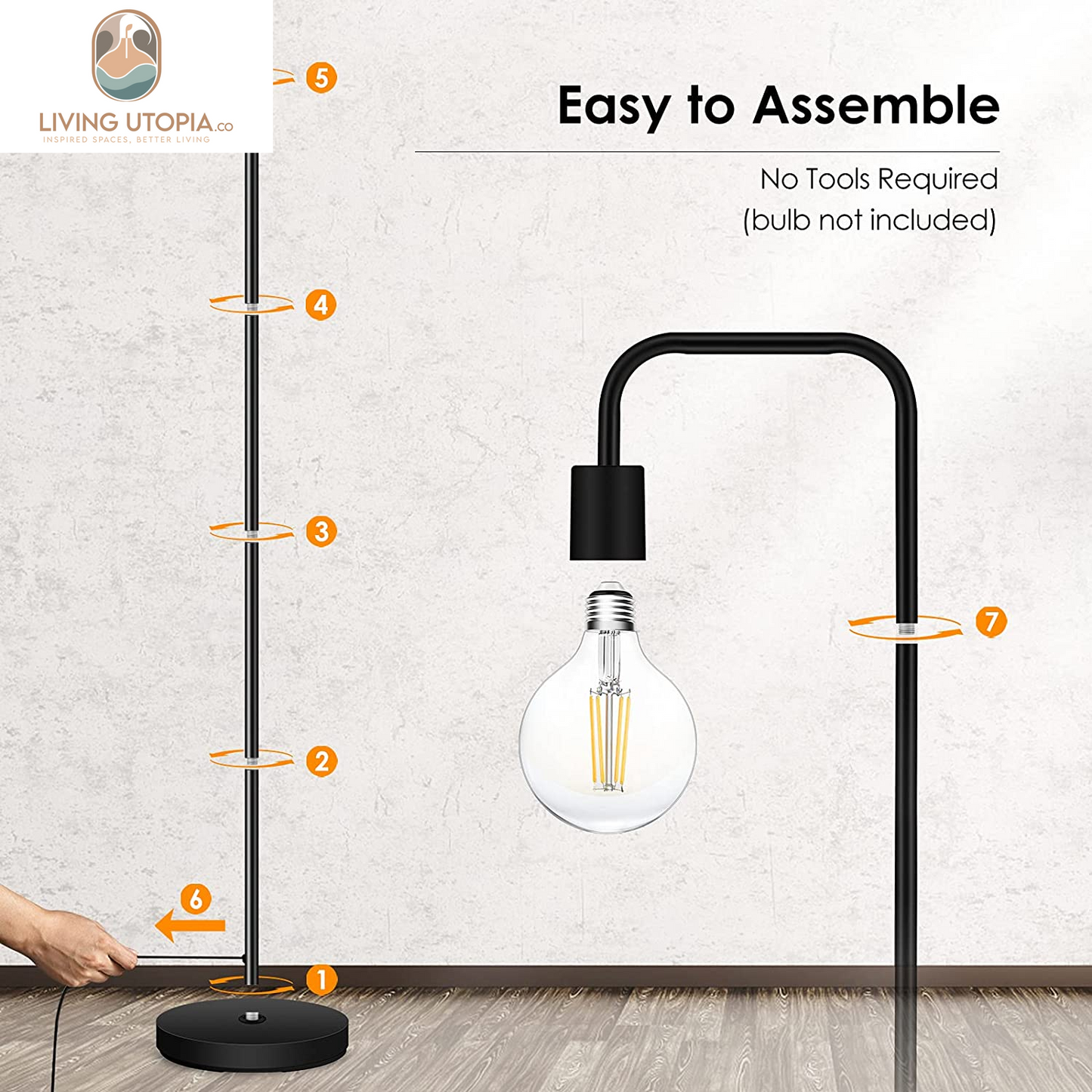 Floor Lamp, Industrial Floor Lamp, 63 Inch Standing Lamp, E26 Socket, On/Off Footswitch, Whole Metal, ETL Listed, Modern Floor Lamp for Bedroom, Living Room, Minimalist, Vintage, Mid Century