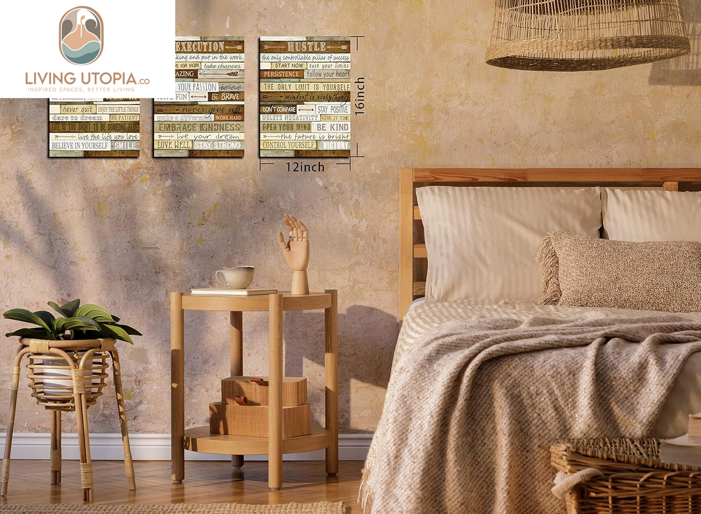 Motivational Wall-Decor - Brown Inspirational Posters - 3 Piece Canvas Wall Art for Bedroom Ready to Hang Size 12" X 16"