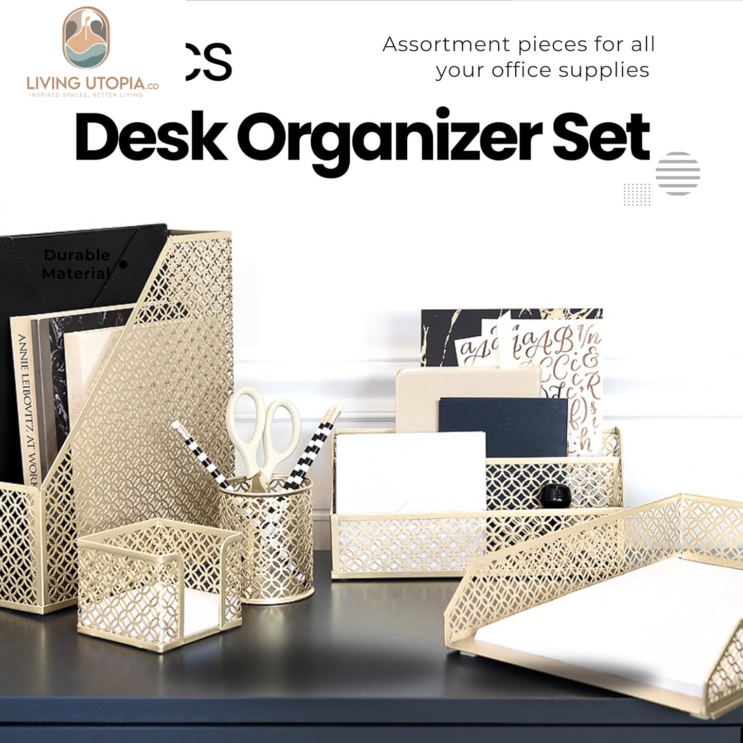 Gold Desk Organizer Set – Mail Sorter, Sticky Note Holder, Pen Cup, Magazine Holder, Letter Tray & Business Card Holder – Pink Office Decor