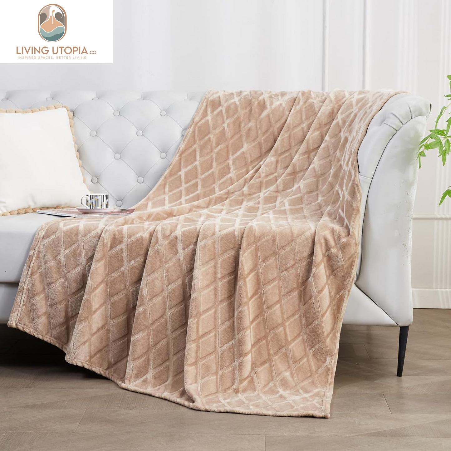 Soft Throw Blanket for Couch, 50X70 Inches Flannel Fleece Blanket, Decorative Geometry Pattern, Lightweight Plush for All Season, Camel