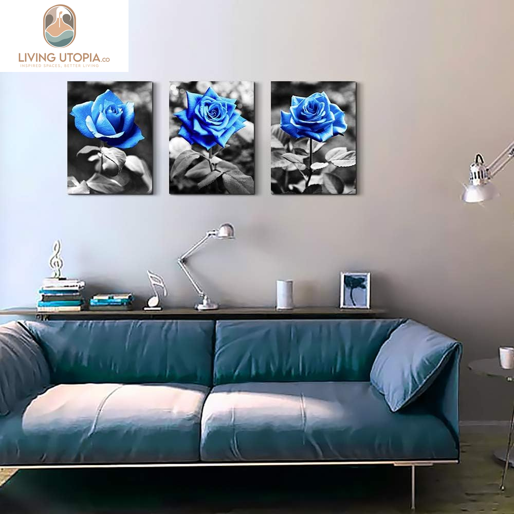 Bedroom Wall Art for Living Room Bathroom Wall Decor for Kitchen Family Pictures Artwork Black and White Blue Rose Flowers Canvas Paintings 12" X 16" 3 Pieces Framed Modern Office Home Decorations
