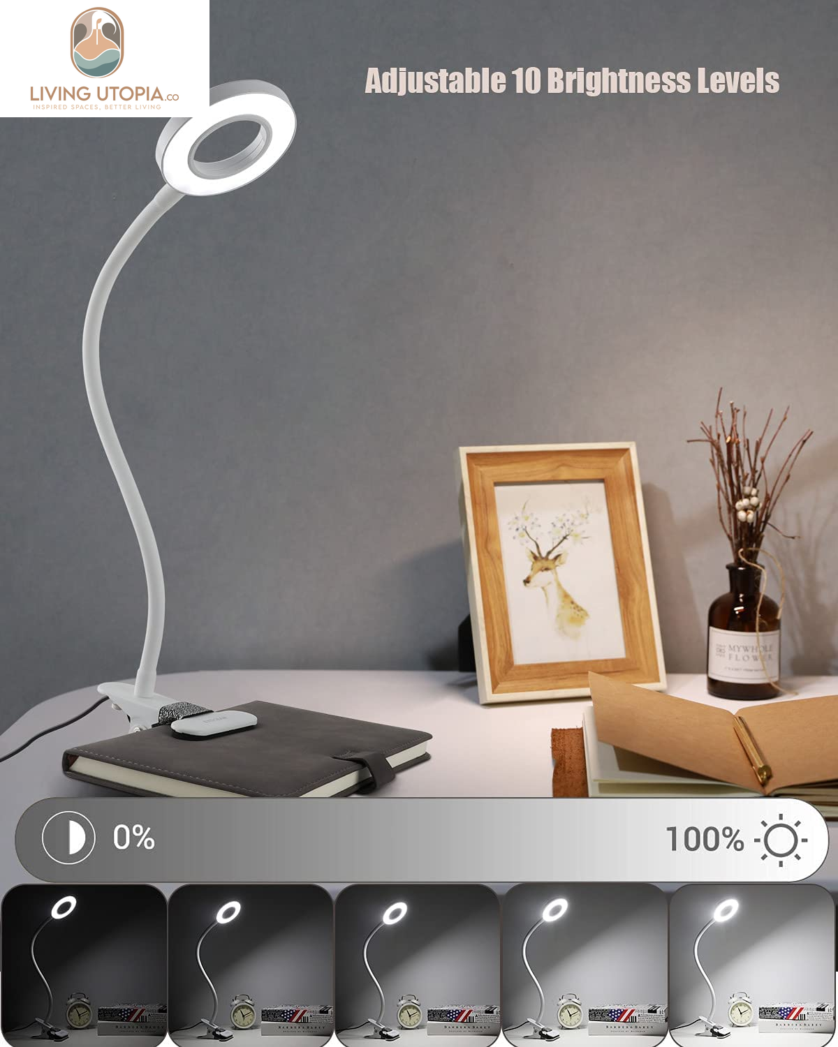 LED Reading Light, Dimmable Clamp Light for Bed Headboard, Bedroom, Office, 3 Modes & 9 Dimming Levels, Flexible Clip Desk Lamp, Adapter Included (Mattewhite)